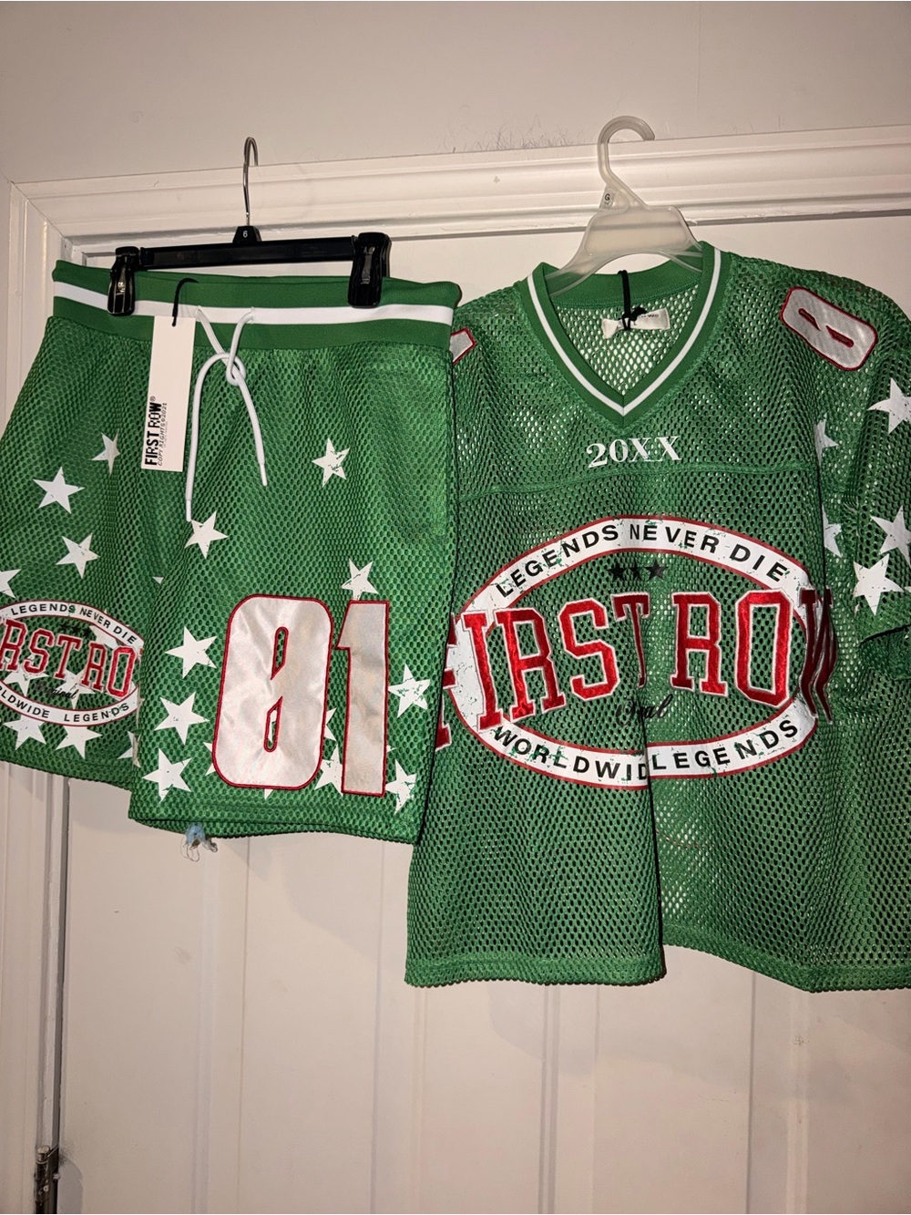 First Row Green Mesh Jersey & Shorts Set